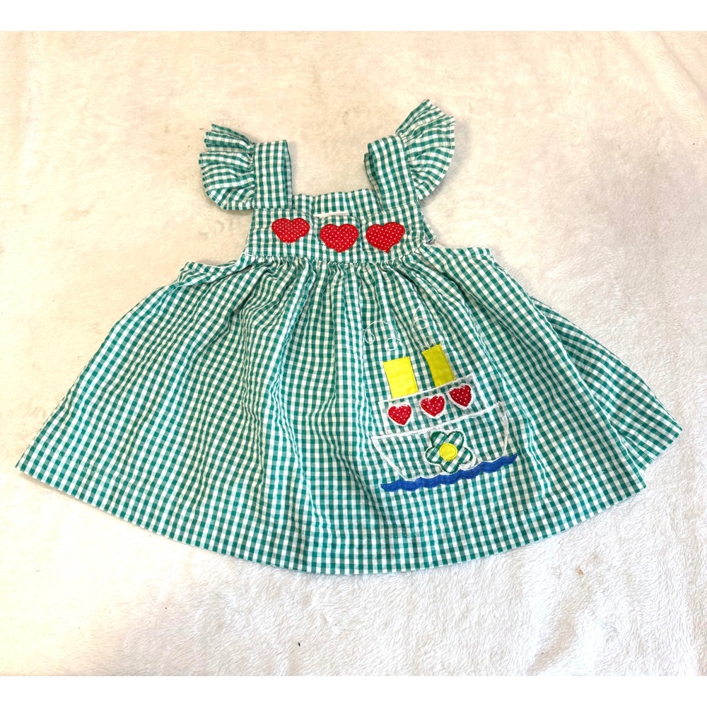 Vintage Samara Green Gingham Pinafore Dress Boat Heart Applique Ruffle‎ Kids 18M